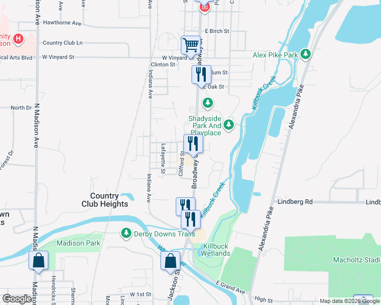 map of restaurants, bars, coffee shops, grocery stores, and more near 841 Broadway Street in Anderson