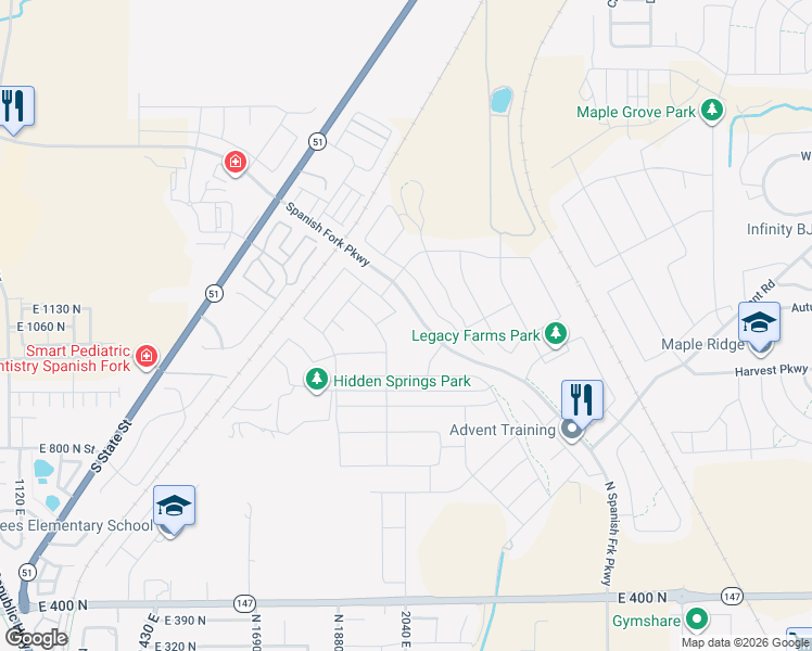map of restaurants, bars, coffee shops, grocery stores, and more near 1131 North Wagon Way in Spanish Fork