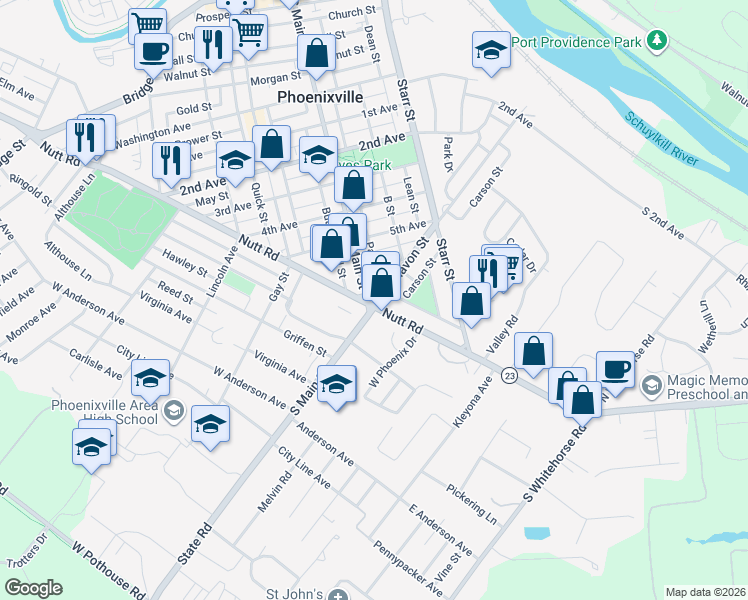 map of restaurants, bars, coffee shops, grocery stores, and more near 126 Nutt Road in Phoenixville