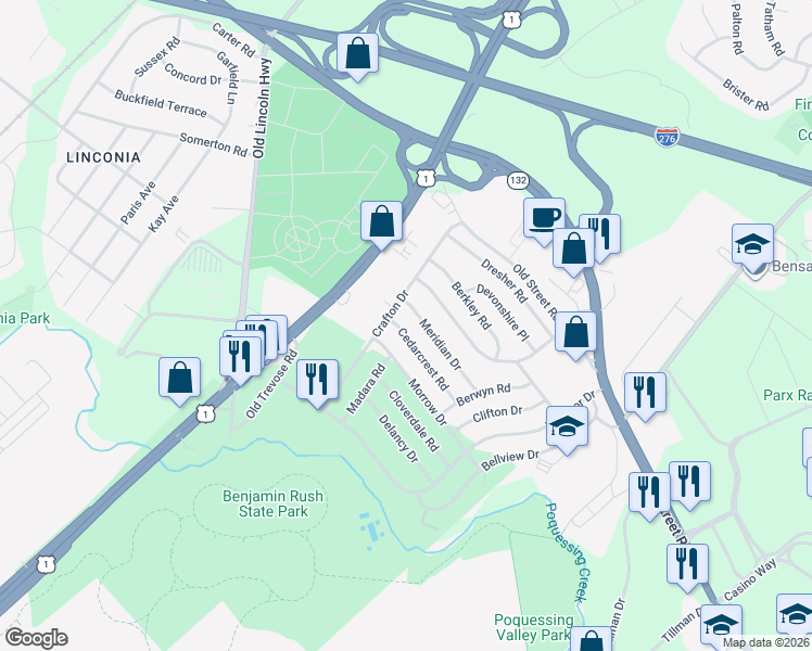 map of restaurants, bars, coffee shops, grocery stores, and more near 3803 Cedarcrest Road in Bensalem