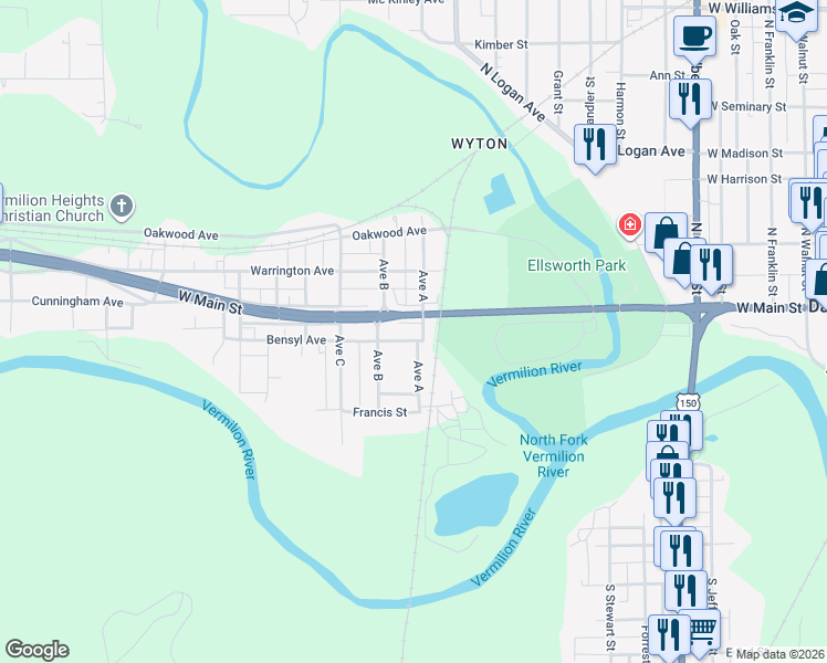map of restaurants, bars, coffee shops, grocery stores, and more near 101-199 Bensyl Avenue in Danville