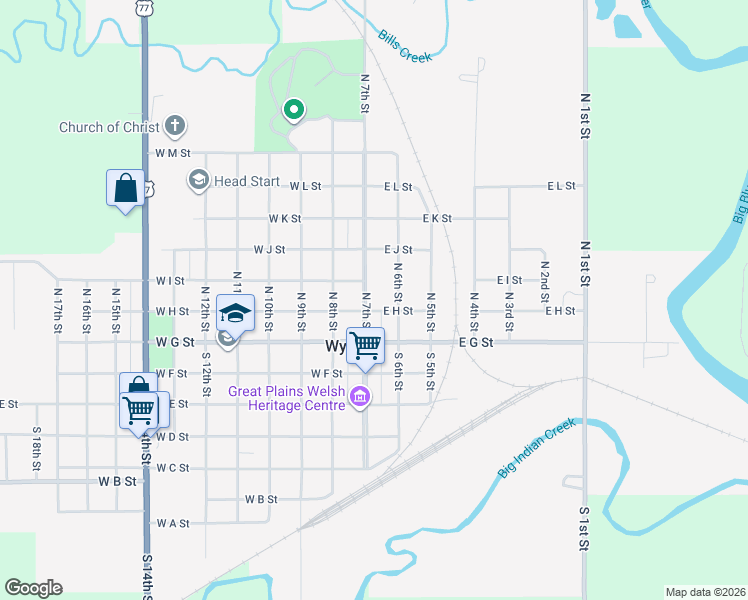 map of restaurants, bars, coffee shops, grocery stores, and more near 200 North 7th Street in Wymore