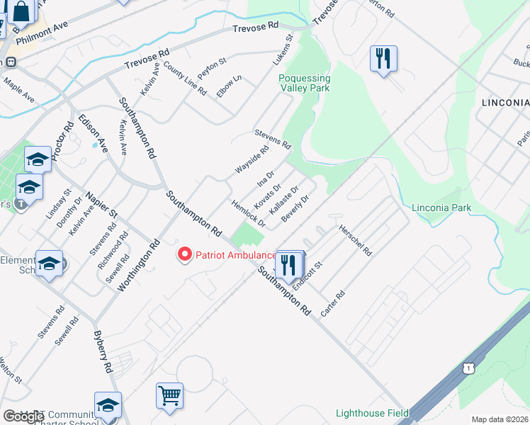 map of restaurants, bars, coffee shops, grocery stores, and more near 15102 Kallaste Drive in Philadelphia