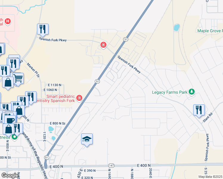 map of restaurants, bars, coffee shops, grocery stores, and more near 1674 East Ridgefield Road in Spanish Fork