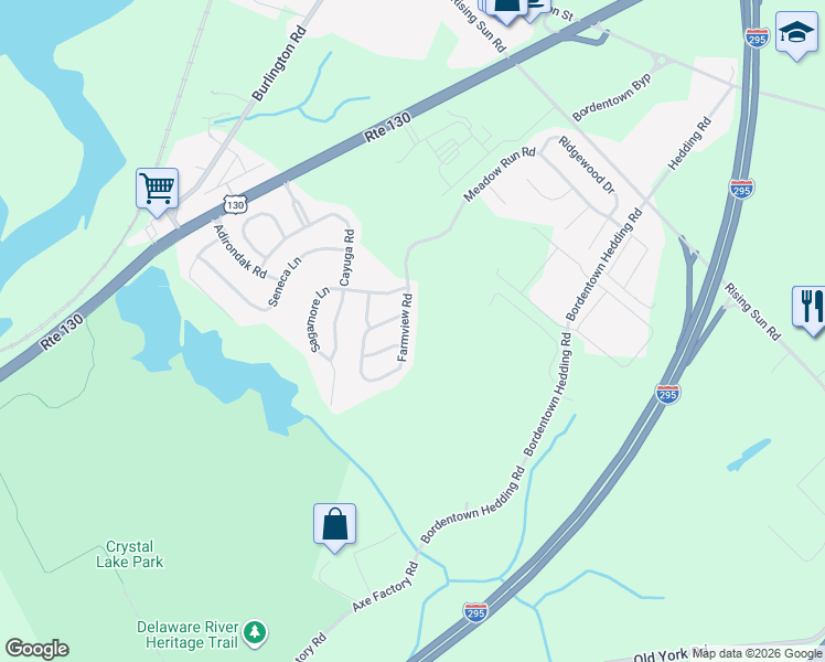 map of restaurants, bars, coffee shops, grocery stores, and more near 96 Meadow Run Road in Fieldsboro