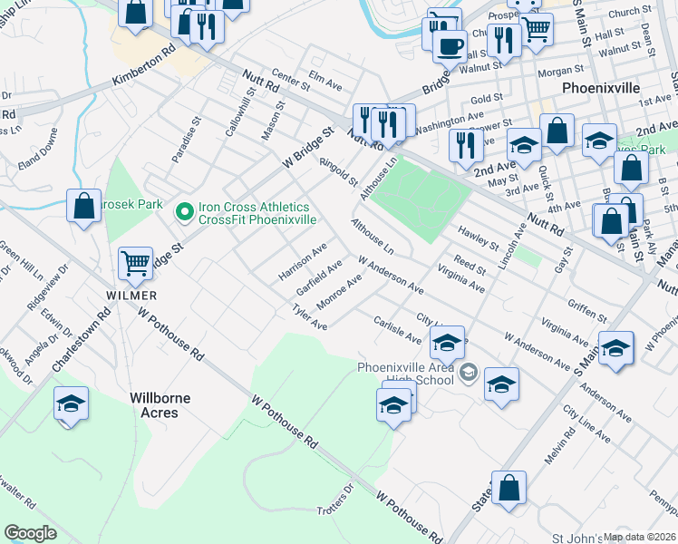 map of restaurants, bars, coffee shops, grocery stores, and more near 1216 Garfield Avenue in Phoenixville