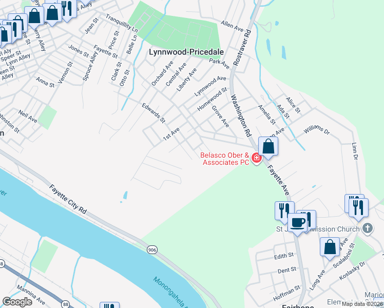 map of restaurants, bars, coffee shops, grocery stores, and more near 904 Edwards Street in Belle Vernon