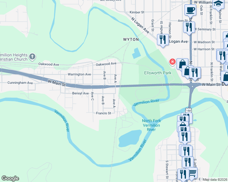 map of restaurants, bars, coffee shops, grocery stores, and more near 101-199 Bensyl Avenue in Danville