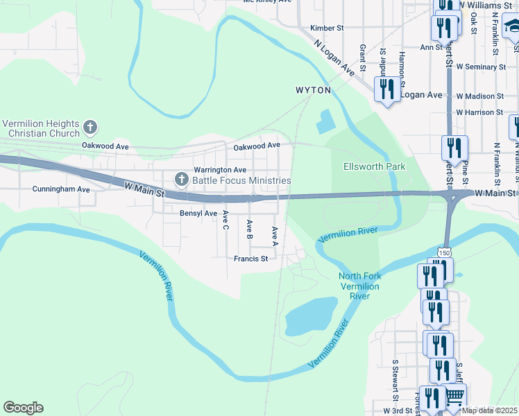 map of restaurants, bars, coffee shops, grocery stores, and more near Avenue B in Danville