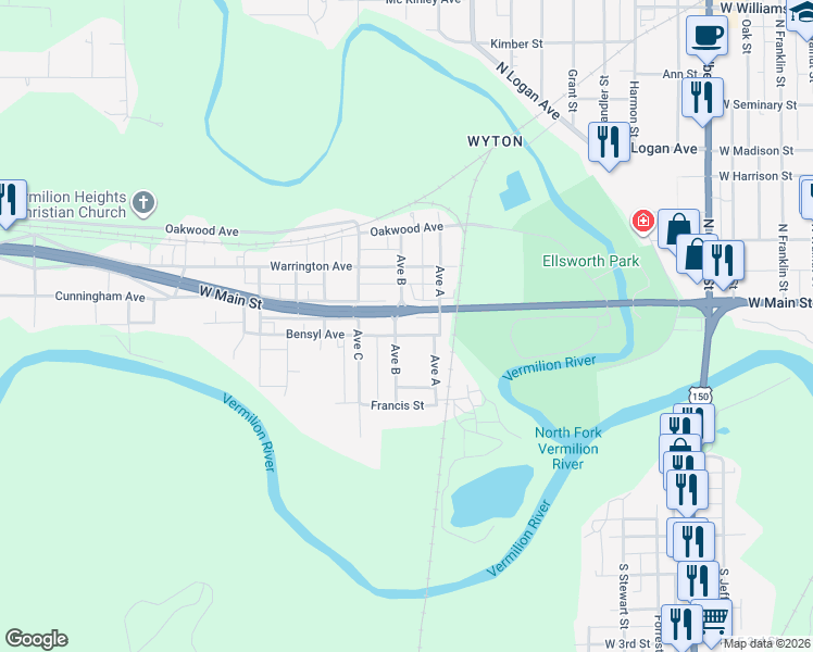map of restaurants, bars, coffee shops, grocery stores, and more near Avenue B in Danville