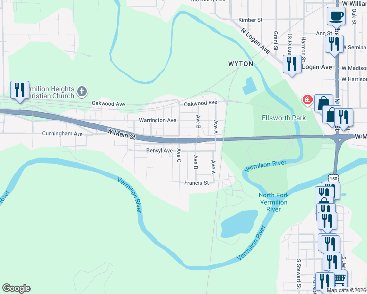 map of restaurants, bars, coffee shops, grocery stores, and more near 309 Bensyl Avenue in Danville