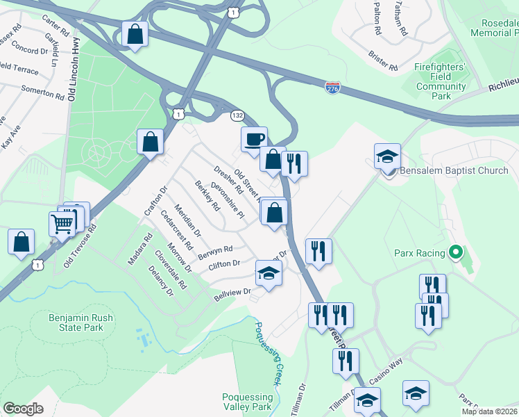 map of restaurants, bars, coffee shops, grocery stores, and more near 3609 Dresher Road in Bensalem