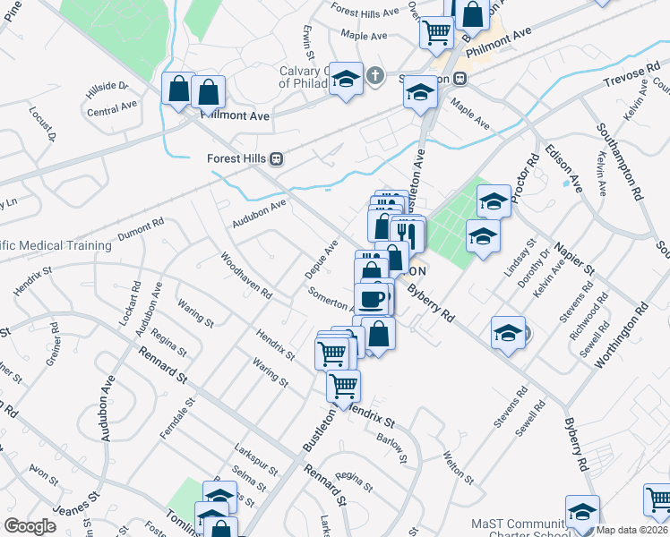 map of restaurants, bars, coffee shops, grocery stores, and more near 507 Pinewood Road in Philadelphia