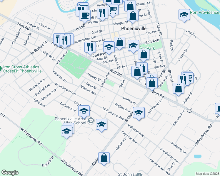 map of restaurants, bars, coffee shops, grocery stores, and more near 290 Griffen Street in Phoenixville