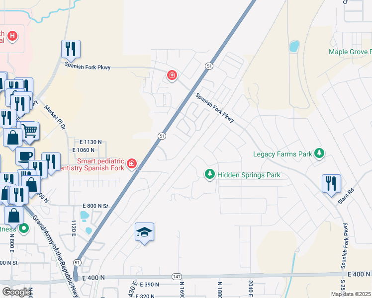 map of restaurants, bars, coffee shops, grocery stores, and more near 1674 East Ridgefield Road in Spanish Fork