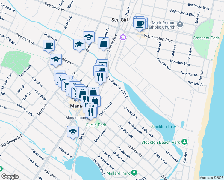 map of restaurants, bars, coffee shops, grocery stores, and more near 95 Wyckoff Avenue in Manasquan