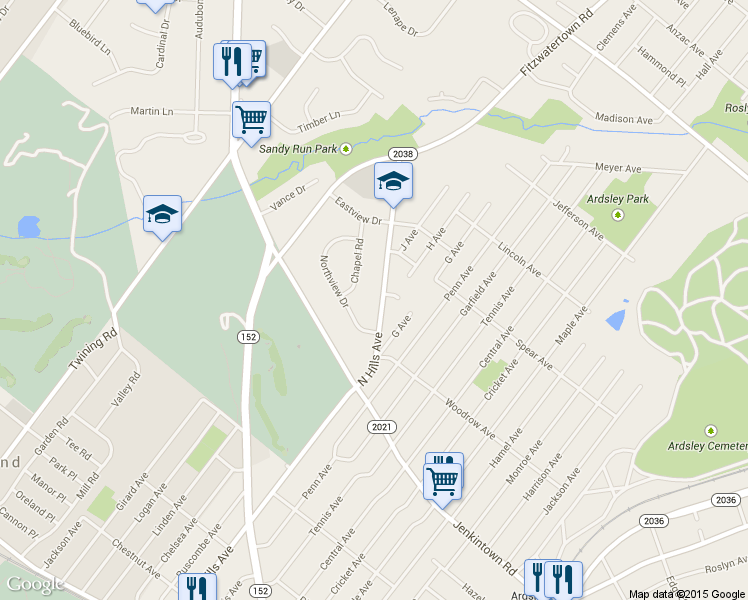 map of restaurants, bars, coffee shops, grocery stores, and more near 750 North Hills Avenue in Glenside