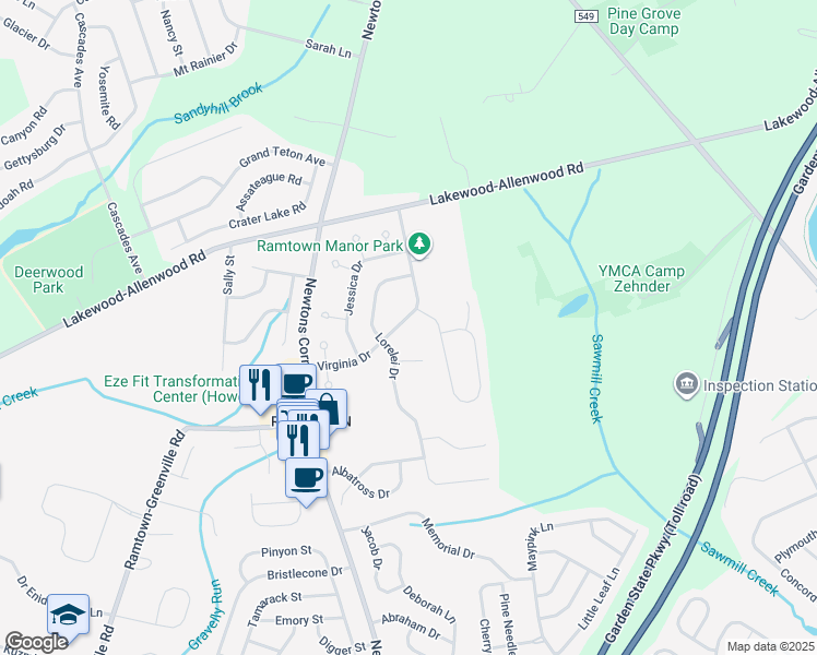 map of restaurants, bars, coffee shops, grocery stores, and more near 26 Virginia Drive in Howell Township