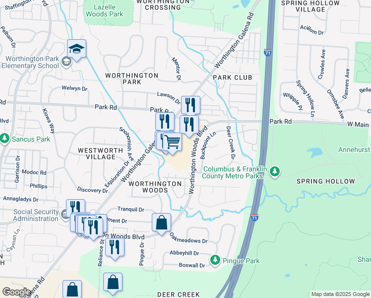 map of restaurants, bars, coffee shops, grocery stores, and more near 1425 Worthington Centre Drive in Worthington