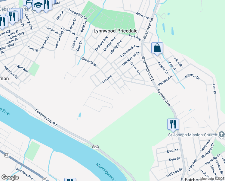 map of restaurants, bars, coffee shops, grocery stores, and more near 904 Edwards Street in Belle Vernon