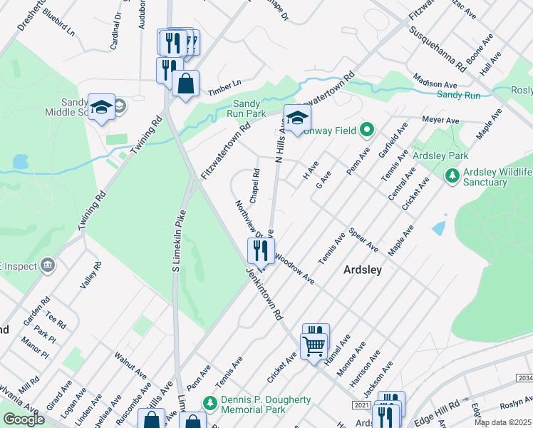 map of restaurants, bars, coffee shops, grocery stores, and more near 750 North Hills Avenue in Glenside