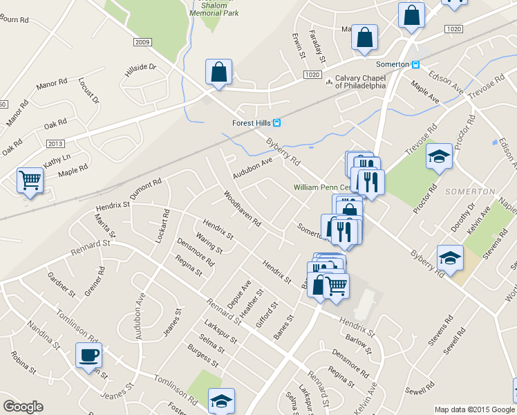 map of restaurants, bars, coffee shops, grocery stores, and more near 481 Woodhaven Road in Philadelphia