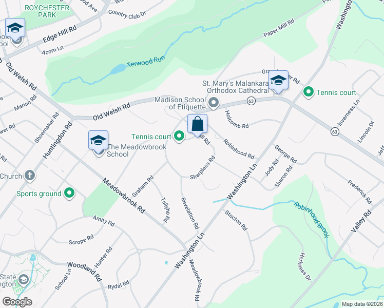 map of restaurants, bars, coffee shops, grocery stores, and more near 1760 Sharpless Road in Meadowbrook