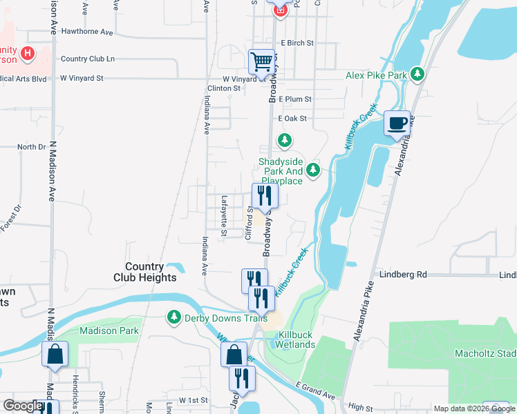 map of restaurants, bars, coffee shops, grocery stores, and more near 841 Broadway Street in Anderson