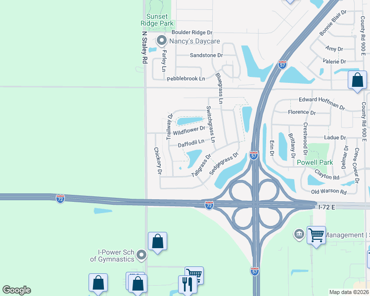 map of restaurants, bars, coffee shops, grocery stores, and more near 3919 Daffodil Lane in Champaign