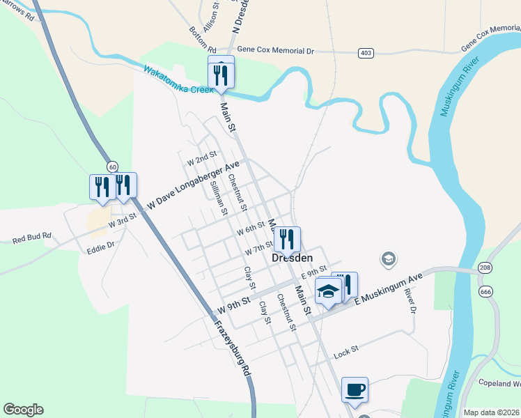 map of restaurants, bars, coffee shops, grocery stores, and more near 515 Main Street in Dresden