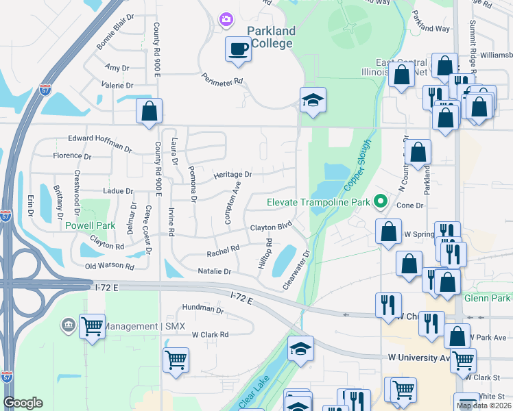 map of restaurants, bars, coffee shops, grocery stores, and more near 2615 Covington Drive in Champaign