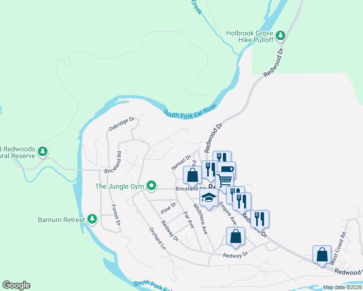 map of restaurants, bars, coffee shops, grocery stores, and more near 233 Apple Lane in Redway