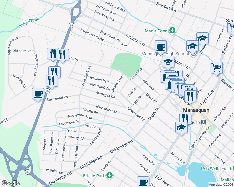 map of restaurants, bars, coffee shops, grocery stores, and more near 96 Mohegan Road in Manasquan