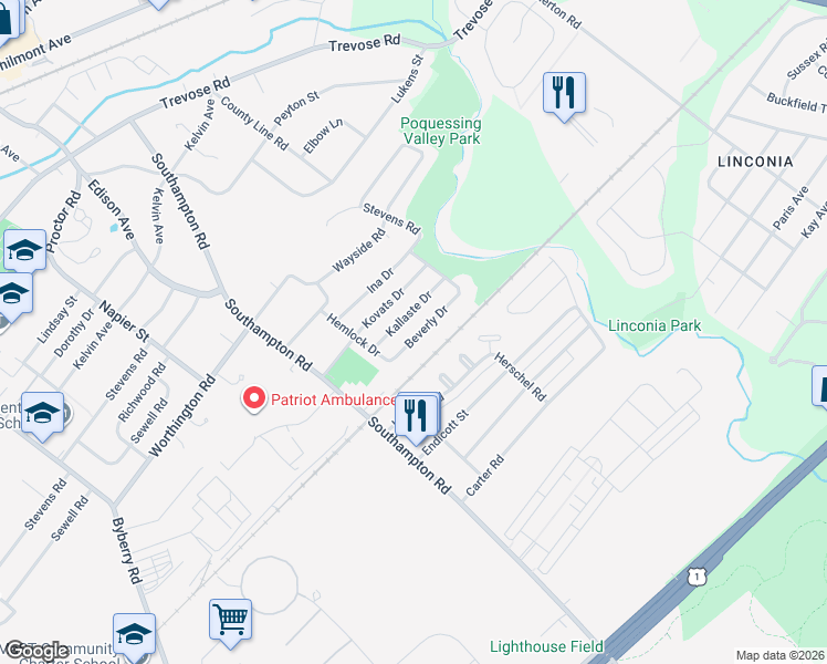 map of restaurants, bars, coffee shops, grocery stores, and more near 15116 Beverly Drive in Philadelphia