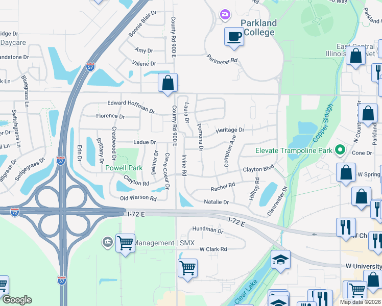 map of restaurants, bars, coffee shops, grocery stores, and more near 612 Irvine Road in Champaign