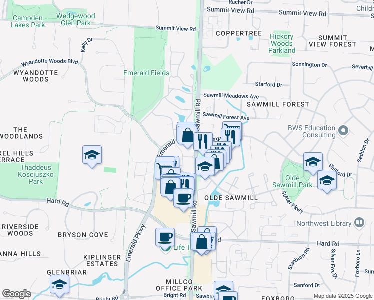 map of restaurants, bars, coffee shops, grocery stores, and more near 7717 Sawmill Road in Dublin