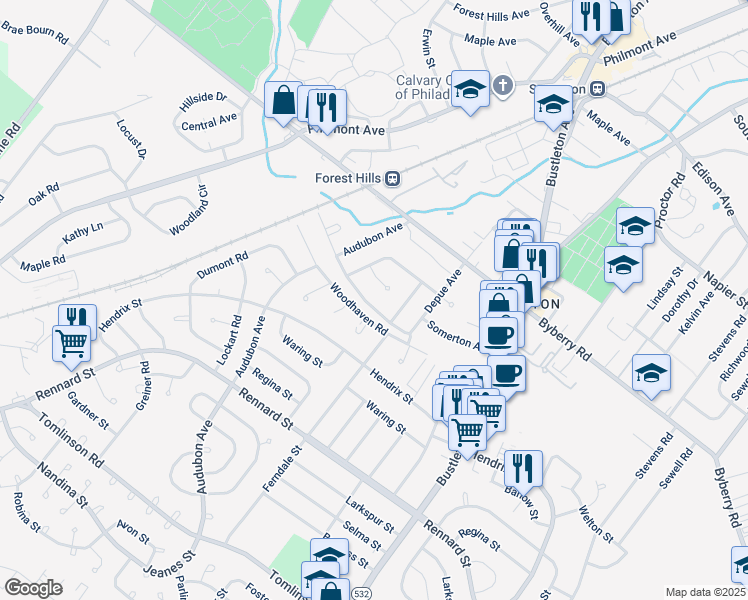 map of restaurants, bars, coffee shops, grocery stores, and more near 481 Woodhaven Road in Philadelphia