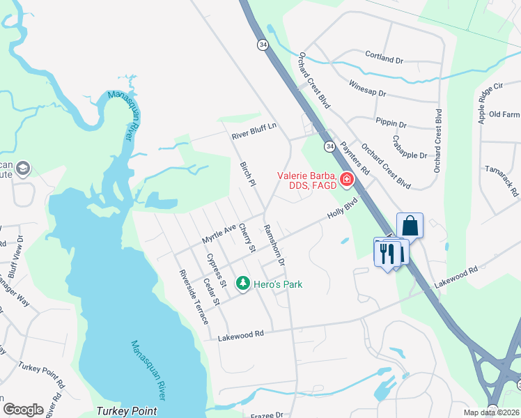 map of restaurants, bars, coffee shops, grocery stores, and more near 2401 Ramshorn Drive in Manasquan