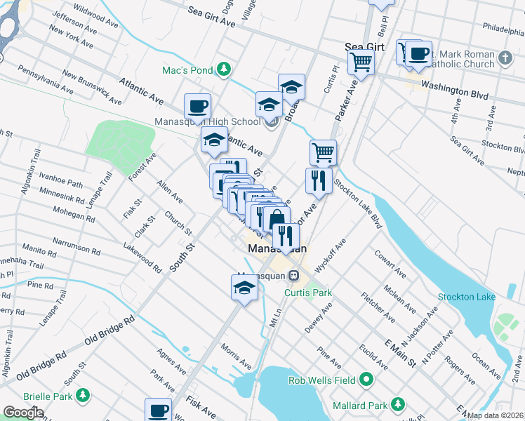 map of restaurants, bars, coffee shops, grocery stores, and more near 29 Parker Avenue in Manasquan