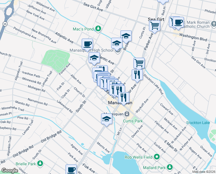 map of restaurants, bars, coffee shops, grocery stores, and more near 126 Main Street in Manasquan