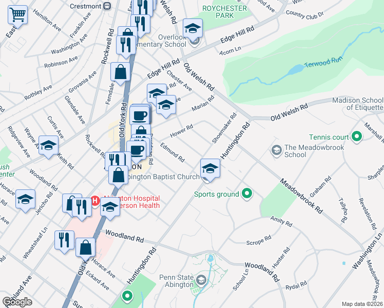 map of restaurants, bars, coffee shops, grocery stores, and more near 1824 Watson Road in Abington