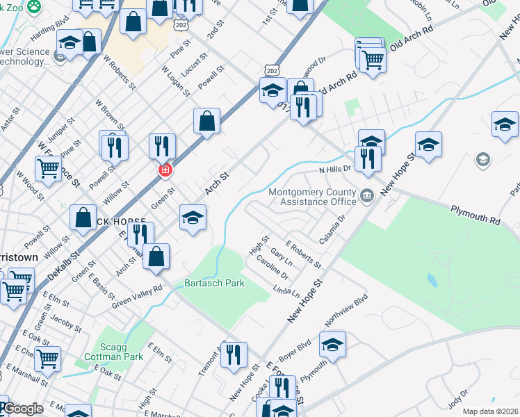 map of restaurants, bars, coffee shops, grocery stores, and more near 518 Glen Valley Drive in Norristown