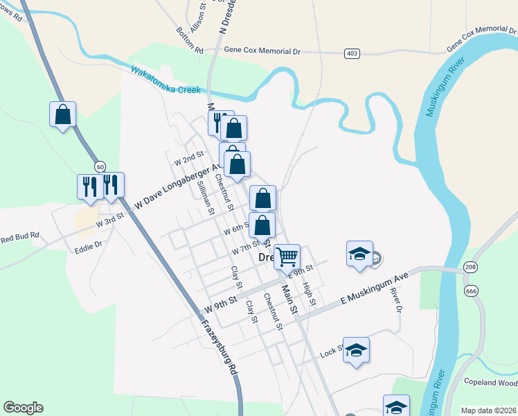 map of restaurants, bars, coffee shops, grocery stores, and more near 515 Main Street in Dresden