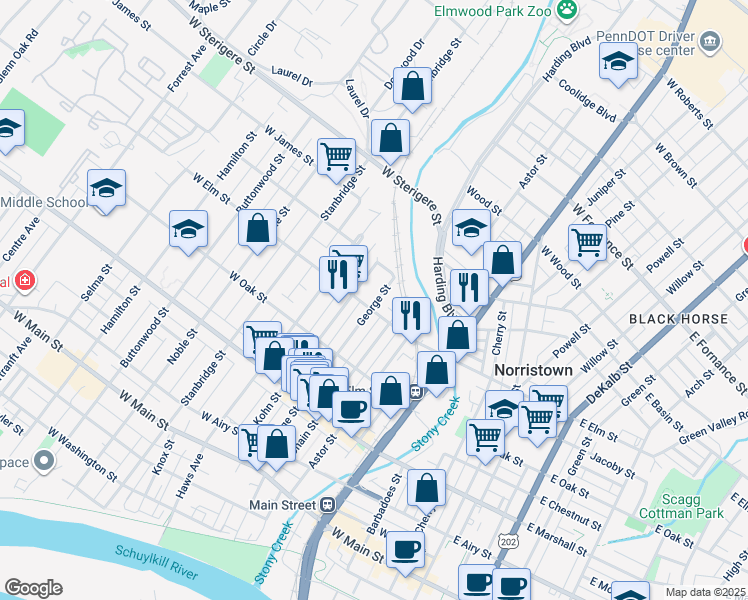 map of restaurants, bars, coffee shops, grocery stores, and more near 809 George Street in Norristown