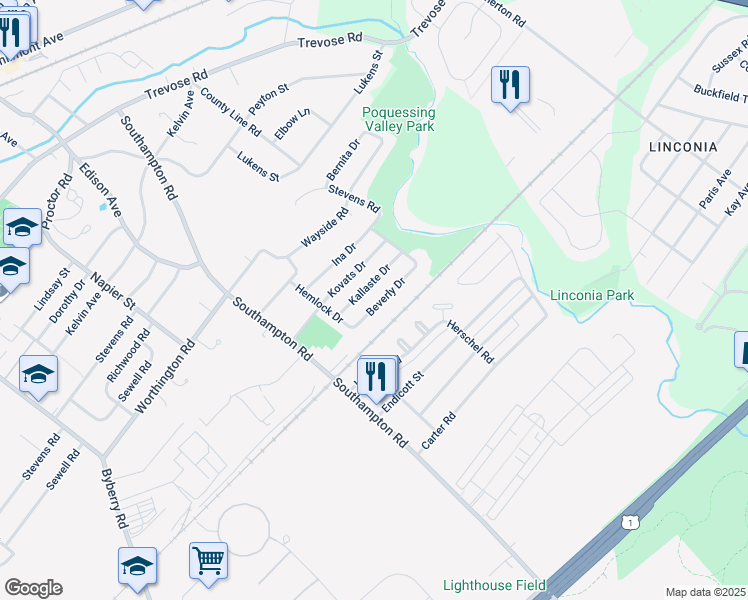 map of restaurants, bars, coffee shops, grocery stores, and more near 15116 Beverly Drive in Philadelphia