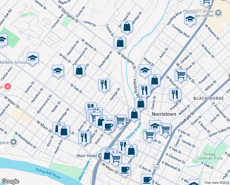 map of restaurants, bars, coffee shops, grocery stores, and more near 809 George Street in Norristown