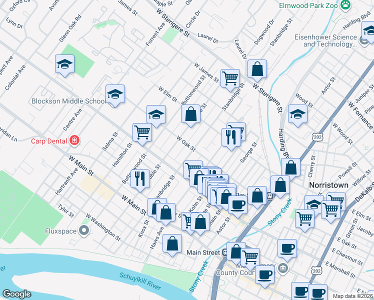 map of restaurants, bars, coffee shops, grocery stores, and more near 643 Stanbridge Street in Norristown