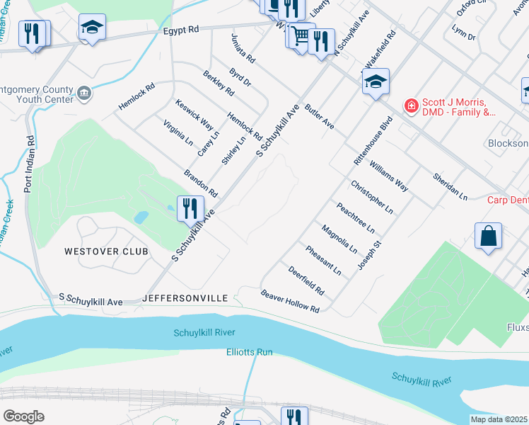 map of restaurants, bars, coffee shops, grocery stores, and more near 347 Brandon Road in Eagleville