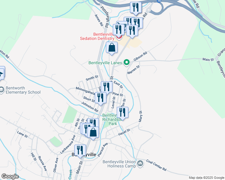 map of restaurants, bars, coffee shops, grocery stores, and more near 103 Pine Street in Bentleyville