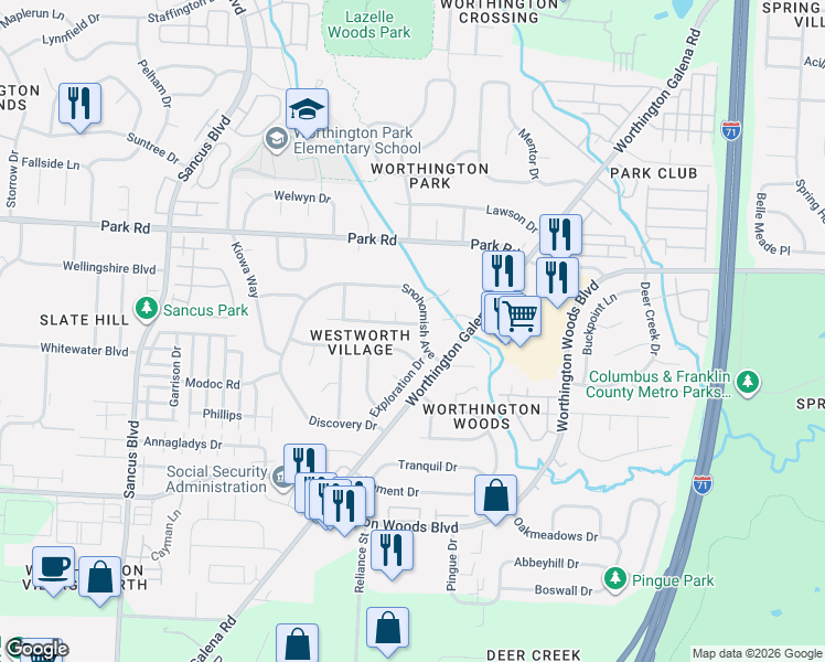 map of restaurants, bars, coffee shops, grocery stores, and more near 1275 Snohomish Avenue in Worthington